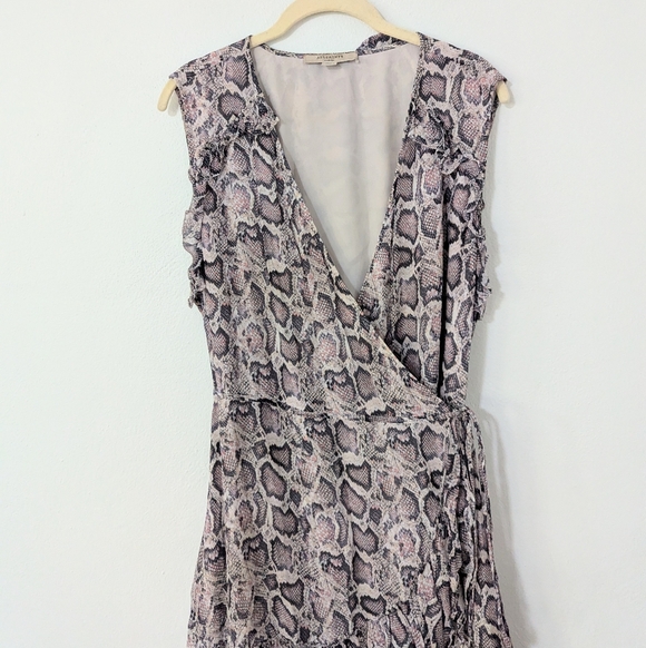 Allsaints Priya Snake Print Ruffle Pring Wrap Mini Dress Sleeveless Beige Large - Picture 3 of 11